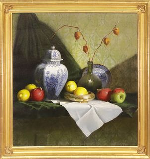 Czelusta Oil on Canvas "Still Life with Chinese Porcelains and Fruit", circa 1990