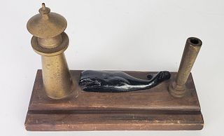 Vintage Cast Iron and Brass Figural Lighthouse and Whale Inkwell