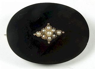 Victorian 14K Gold, Onyx & Pearl Mourning Brooch