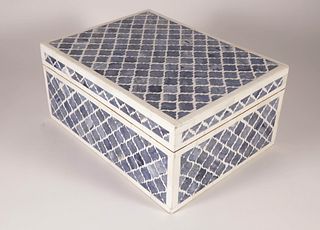 Contemporary Dyed Blue and White Bone Geometric Inlaid Wooden Box