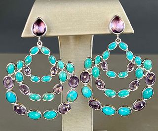 Pair of Faceted Amethyst and Turquoise Earrings