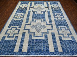Denim Blue and White Peshawar Hand Knotted Natural Wool Oriental Carpet