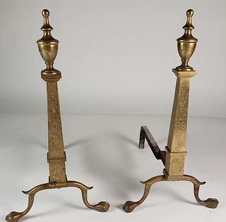 Pair of Antique Brass Philadelphia Urn and Finial Andirons, circa 1920