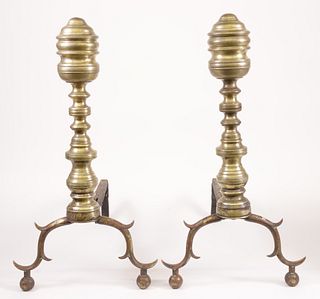 Pair of Period Multi-Turned Brass Andirons, 19th Century
