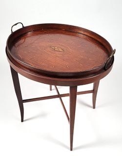 Antique English Georgian Mahogany Inlaid Serving Tray Table