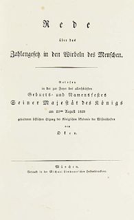 Oken, LorenzRede ueber das Zahlengesetz in den Wirbeln des Menschen. Muenchen, Lindauer, 1828. 14 S. OPp.