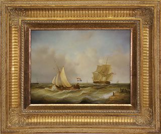 Jean Laurent Oil on Board "French-American Ships at Sea"