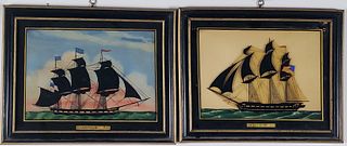 Pair of Vintage Reverse Paintings on Glass Ship's Portraits