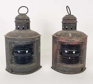 Pair of Antique Tin Port and Starboard Ship Lights, 19th Century