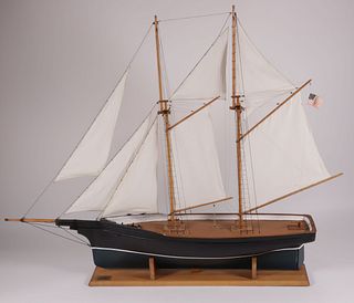 Vintage Two-Masted American Ship Model with Green and Black Painted Hull