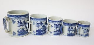 Group of Five Graduated Canton Mugs, 19th Century