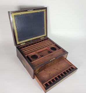 Antique Brass Inlaid Traveling Artist's Lap Desk Box, 19th century