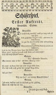 (Scholze, Johann Sigismund)Das Kaetzgen, ein Schaeferspiel in einem Aufzuge, von Sperontes. Leipzig, Stopffel, 1746. 8 Bll.