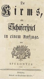 (Scholze, Johann Sigismund)Die Kirms, ein Schaeferspiel in einem Aufzuge, von Sperontes. Leipzig, Stopffel, 1746. 18 S. 8°.