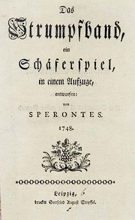 (Scholze, Johann Sigismund)Das Strumpfband, ein Schaeferspiel in einem Aufzuge, von Sperontes. Mit Holzschnitt-Titel-, Kopf-