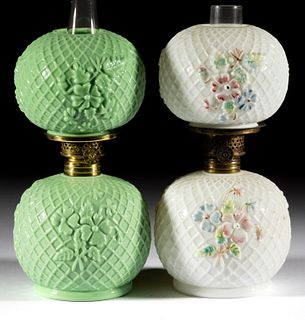 EMBOSSED LATTICE AND FLORAL / MARGUERITE MINIATURE LAMPS, LOT OF TWO