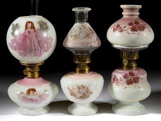 ASSORTED VICTORIAN DECORATED OPAQUE GLASS MINIATURE LAMPS, LOT OF THREE