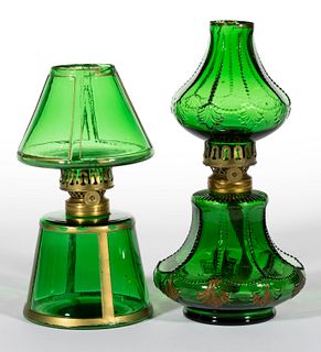 ASSORTED PATTERNED EMERALD-GREEN GLASS MINIATURE LAMPS, LOT OF TWO