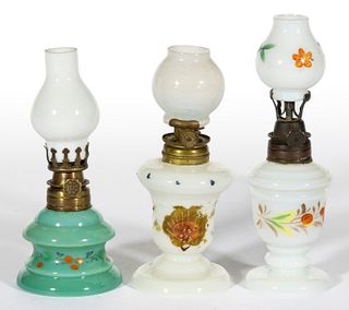 ASSORTED VICTORIAN DECORATED OPAQUE GLASS MINIATURE LAMPS, LOT OF THREE