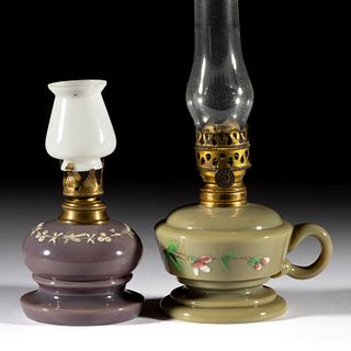 ASSORTED VICTORIAN DECORATED OPAQUE GLASS MINIATURE LAMPS, LOT OF TWO,