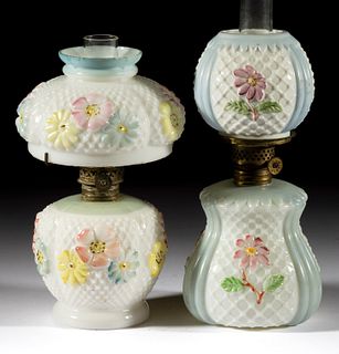 ASSORTED FLORAL AND WEB EMBOSSED OPAQUE GLASS MINIATURE LAMPS, LOT OF TWO,