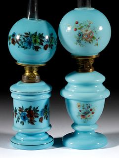 ASSORTED VICTORIAN DECORATED OPAQUE GLASS MINIATURE LAMPS, LOT OF TWO