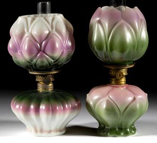 ASSORTED PATTERNED OPAQUE GLASS MINIATURE LAMPS, LOT OF TWO, 