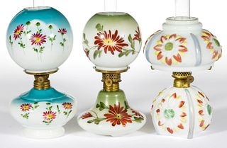 ASSORTED PATTERNED OPAQUE GLASS MINIATURE LAMPS, LOT OF THREE
