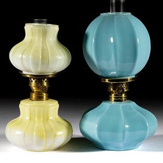 ASSORTED PANELED PATTERNED OPAQUE GLASS MINIATURE LAMPS, LOT OF TWO
