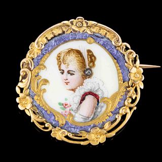 ANTIQUE FRENCH 18K YELLOW GOLD AND ENAMEL BROOCH