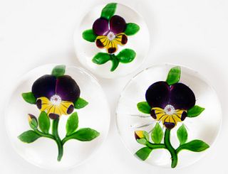 ANTIQUE BACCARAT PANSY LAMPWORK ART GLASS PAPERWEIGHTS, LOT OF THREE