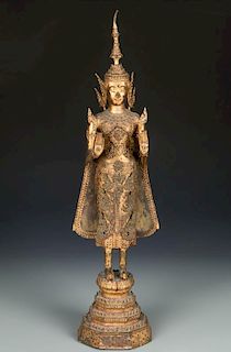 Tall Standing Thai Gilt Bronze Buddha, 18/19th C.