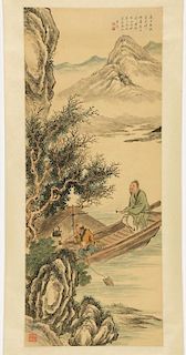 Antique Chinese Scroll Painting of Figures, River and Mountains