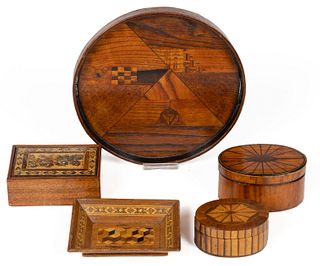 AMERICAN / ENGLISH INLAID BOXES AND MINIATURE TRAYS, LOT OF FIVE