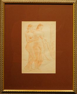 Figure Study Of Two Female Nudes, Sanguine Drawing c.1940