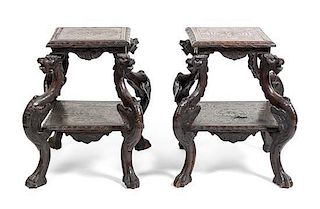 A Pair of Carved Wood Side Tables, Height 27 1/2 x width 23 1/2 x depth 23 1/2 inches.
