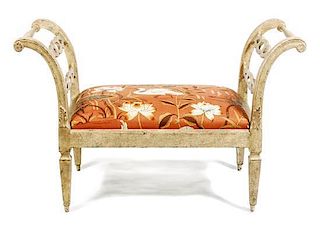 An Italian Painted Window Bench, Height 30 1/2 x width 48 x depth 22 1/2 inches.