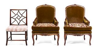 A Pair of Louis XV Style Bergeres, Height of first 35 5/8 x width 22 1/4 x depth 21 inches.