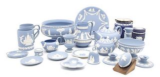 An Assembled Collection of Wedgwood Blue Jasperware Serving Articles, Height of largest 5 inches.