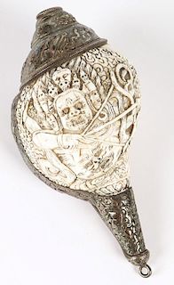 Tibetan Silver Mounted Carved Conch