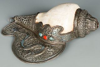 Tibetan Silver Mounted Conch Shell