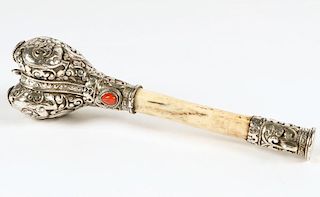 Tibetan Silver Mounted Bone Pipe