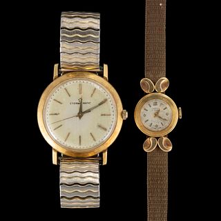 ANTIQUE / VINTAGE SWISS 18K YELLOW GOLD-CASED WRIST WATCHES, LOT OF TWO