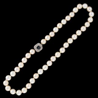 ANTIQUE / VINTAGE PEARL CHOKER NECKLACE WITH PLATINUM, DIAMOND, AND GEMSTONE CLASP