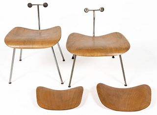 PAIR OF EAMES FOR EVANS LCW MID-CENTURY MODERN PLYWOOD CHAIRS WITH METAL BASE