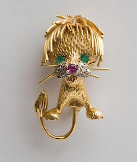 18K Gold, Diamond, Emerald and Ruby Lion Brooch