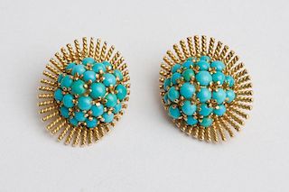 Pair of 14K Gold and Turquoise Earclips