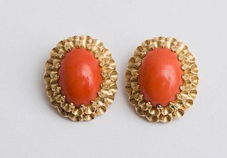 Pair of 14K Gold and Coral Earclips