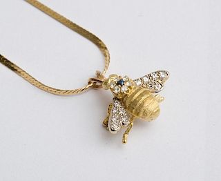 18K Gold, Diamond, Sapphire and Ruby Bee Pendant Necklace