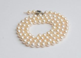 Cultured Pearl Necklace with Sapphire and Pearl Clasp and a Cultured Pearl, 14K White Gold and Diamond Bracelet